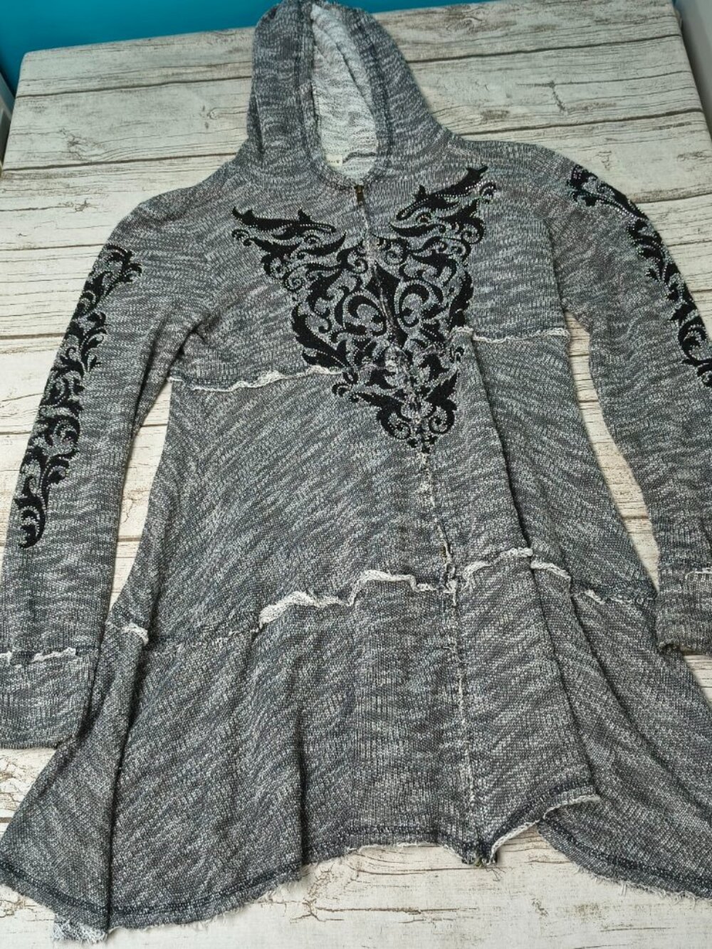 Vocal Rhinestone Scroll Raw Edge Full Zip Hooded Tunic Jacket Sweater Gray XL